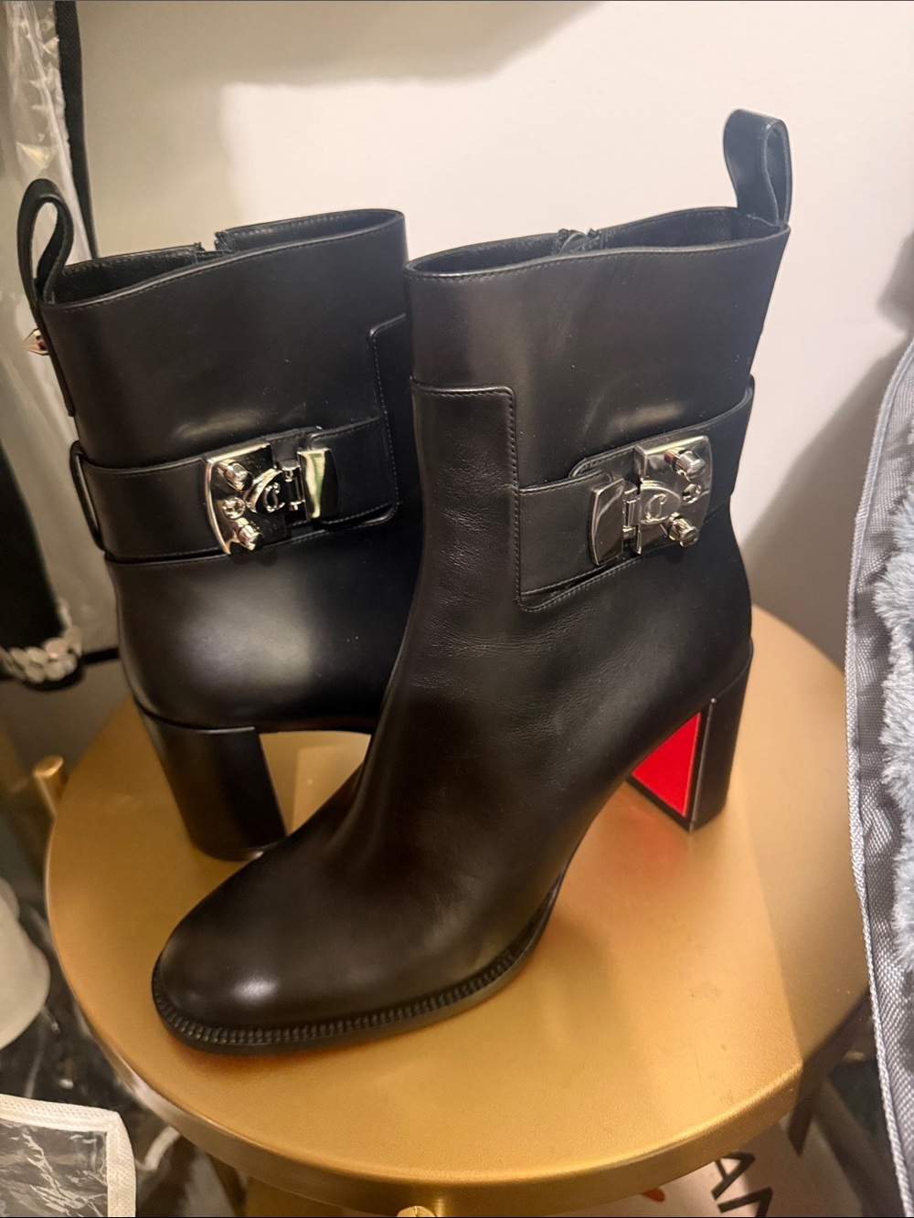 NEW!! Christian Louboutin Black Leather LOCK Ankle Boots 36